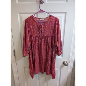Natural Life Boho Floral Print Tunic Dress Women's 3/4 Sleeve Tie Neck - Size L